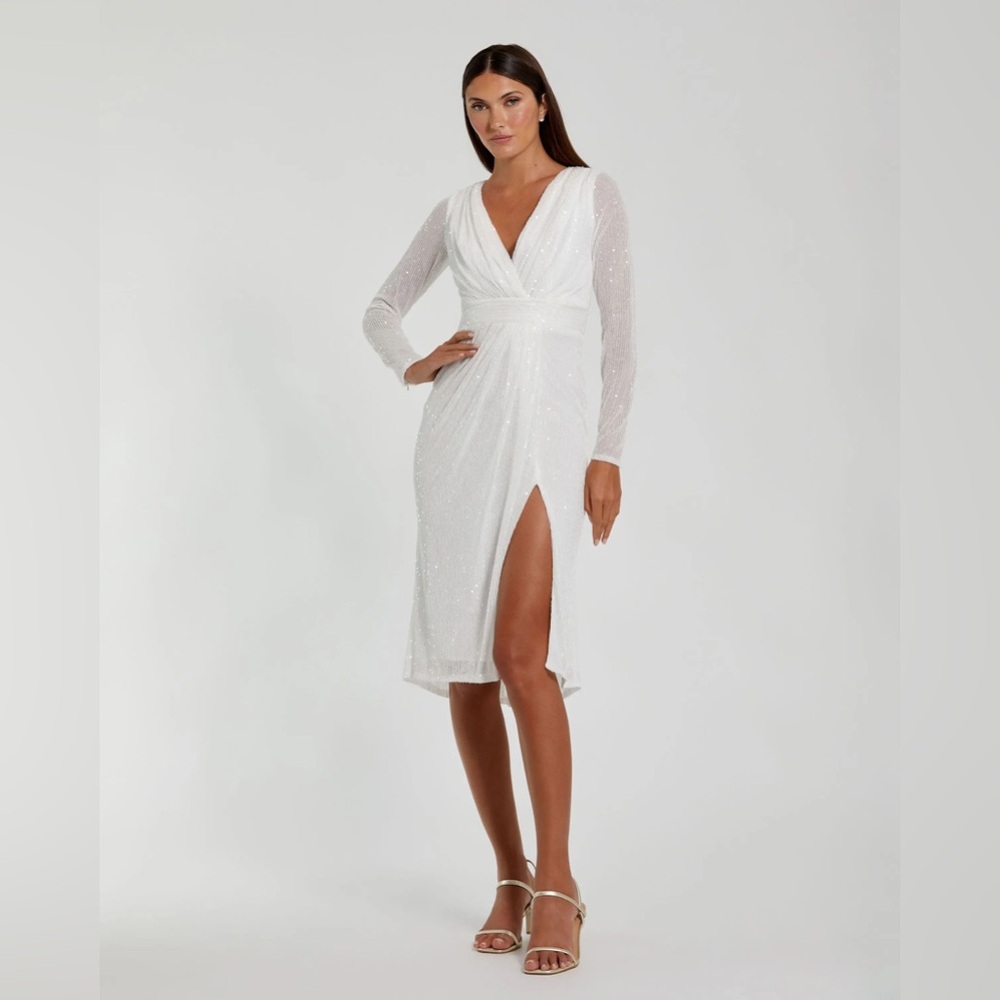 Mac Duggal long sleeve White Sequin Dress NWT